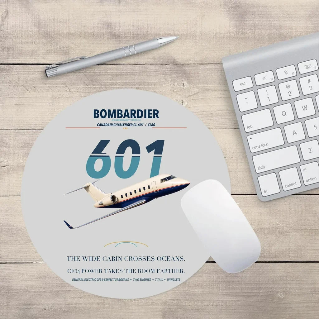 Bombardier Challenger 601 design on light gray round mouse pad