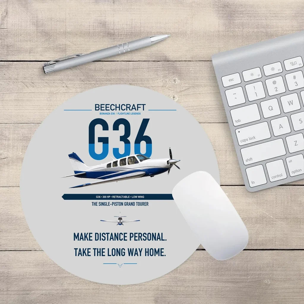 Beechcraft Bonanza G36 design on light gray round mouse pad