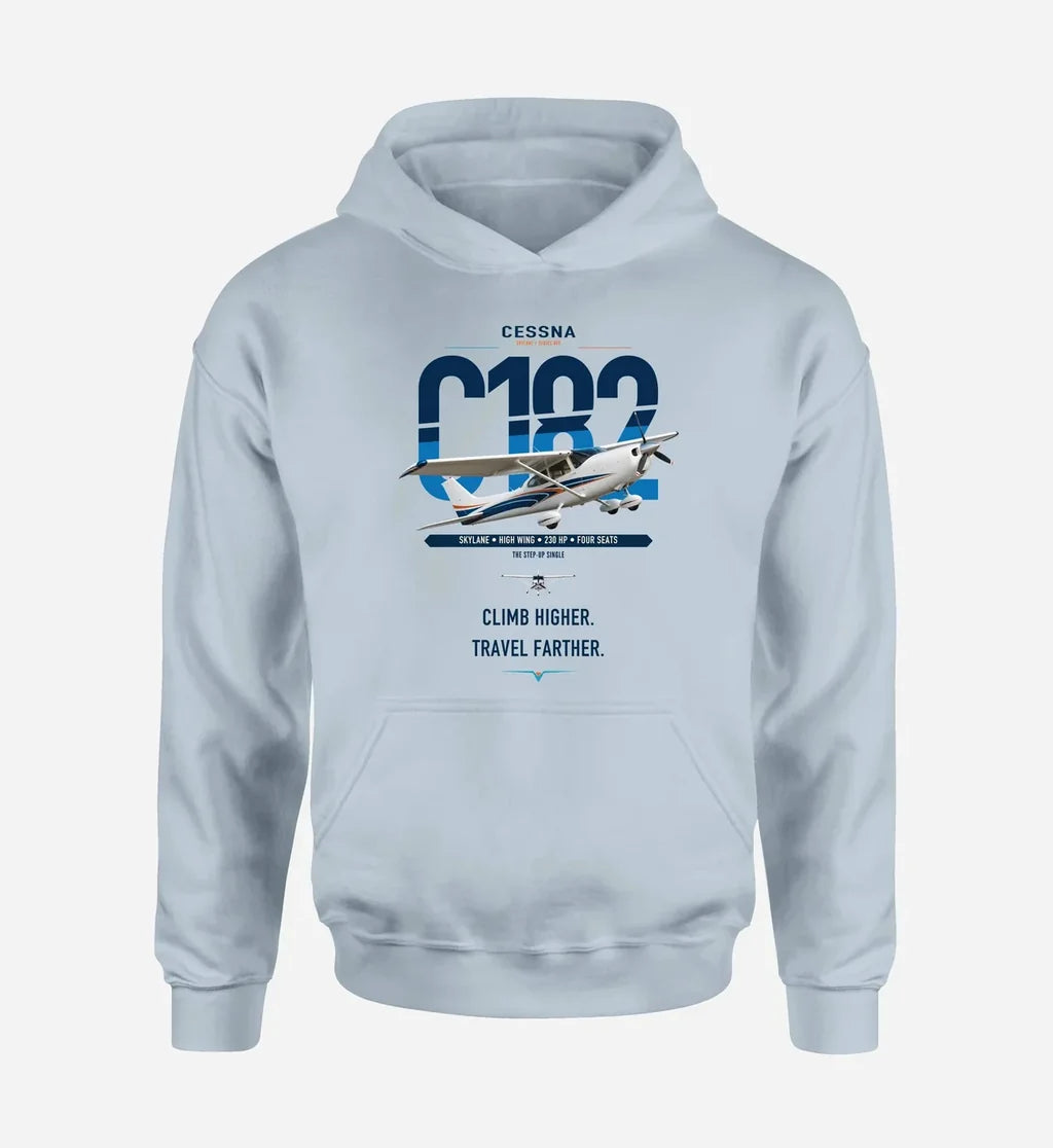 Cessna 182 Skylane design on light blue double-side hoodie, single-side print