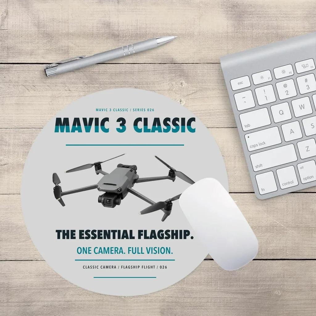 DJI Mavic 3 Classic design on light gray round mouse pad
