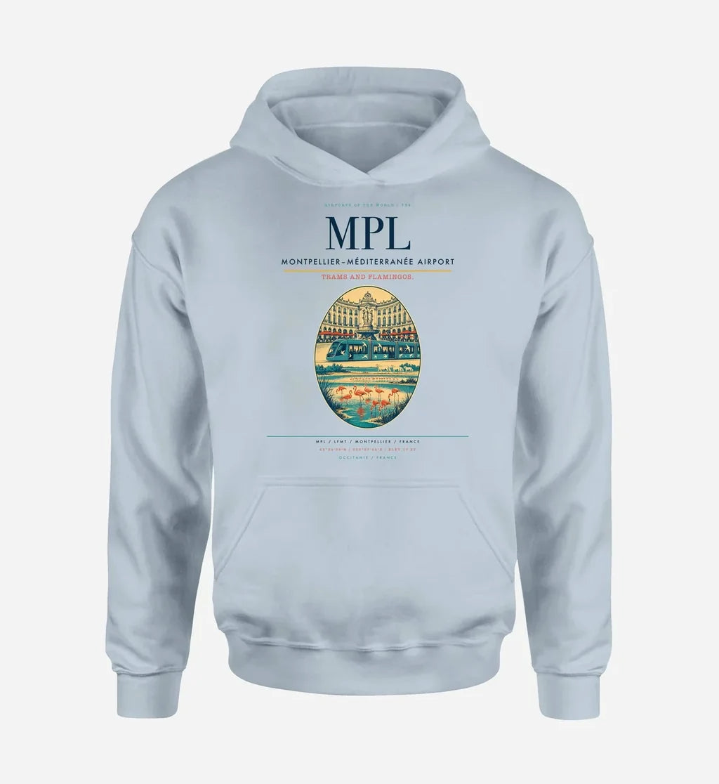 Montpellier–Méditerranée Airport (MPL) design on light blue hoodie single-side print