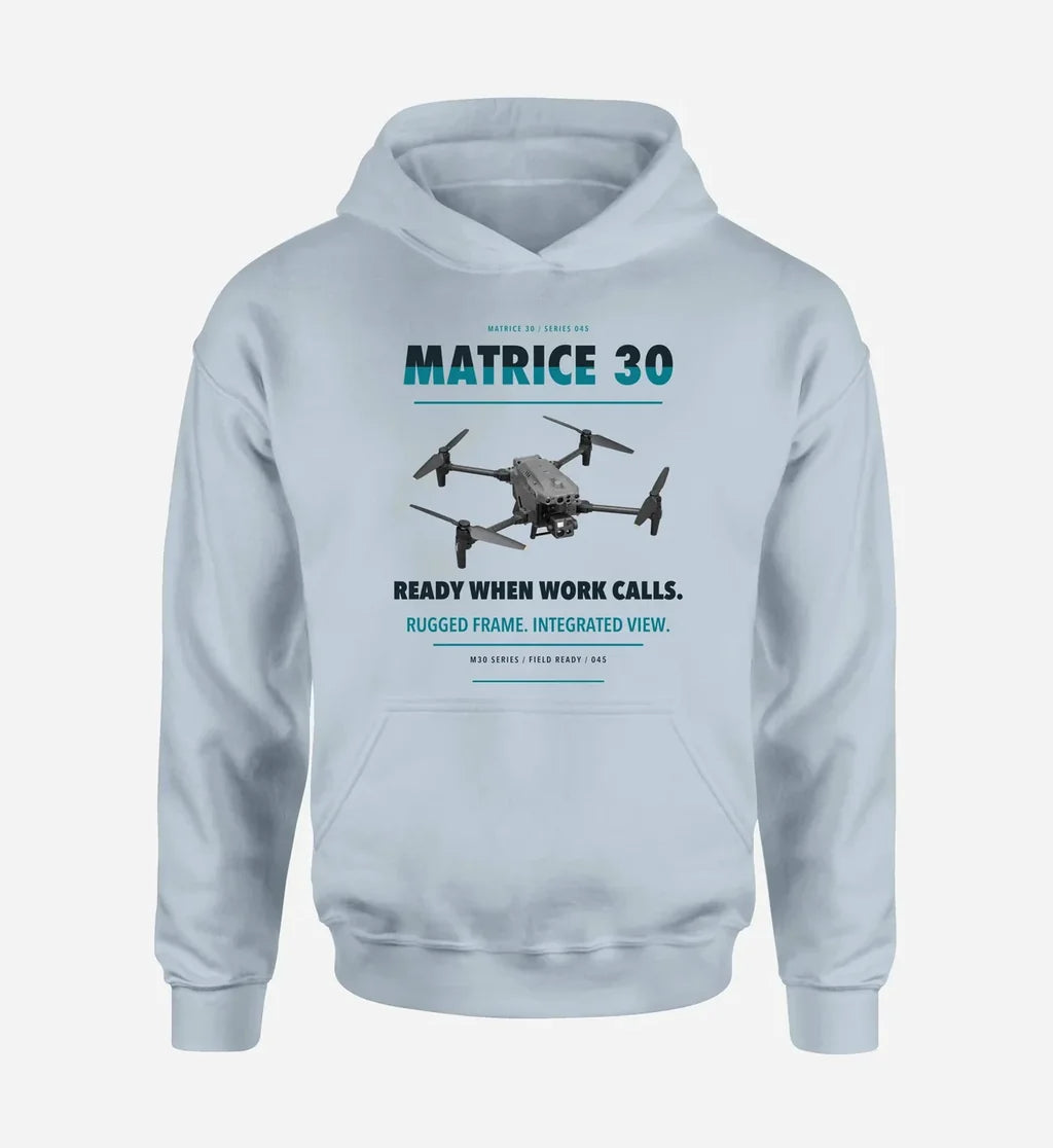 DJI Matrice 30 design on light blue hoodie single side
