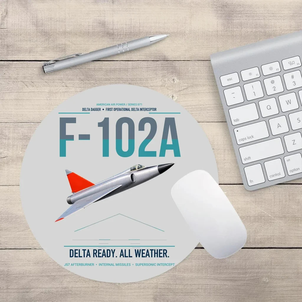 F-102A Delta Dagger design on light gray round mouse pad