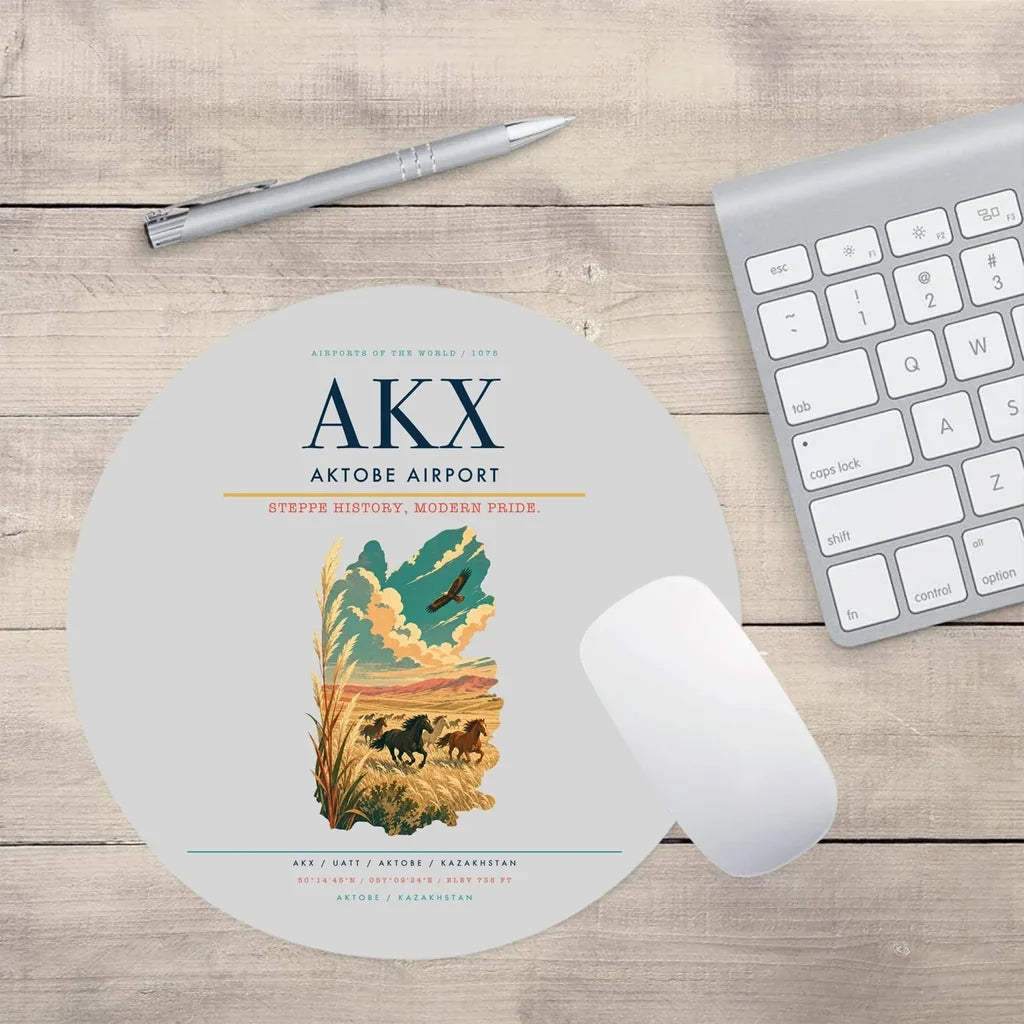 Aktobe Airport (AKX) design on light gray round mouse pad