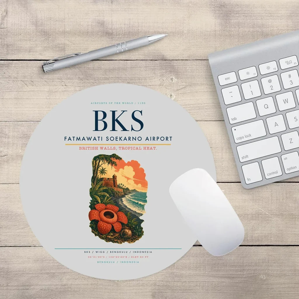 Fatmawati Soekarno Airport (BKS) design on light gray round mouse pad