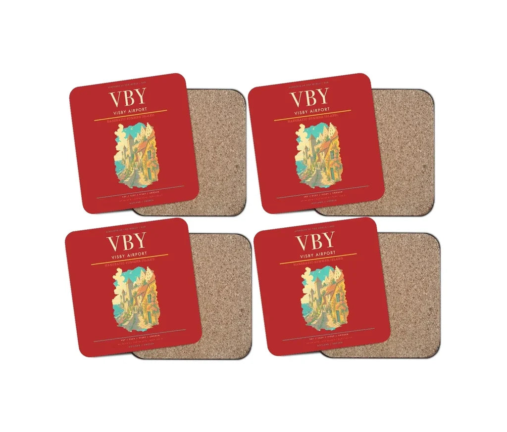 Visby Airport (VBY) design on red 4 pieces set coaster