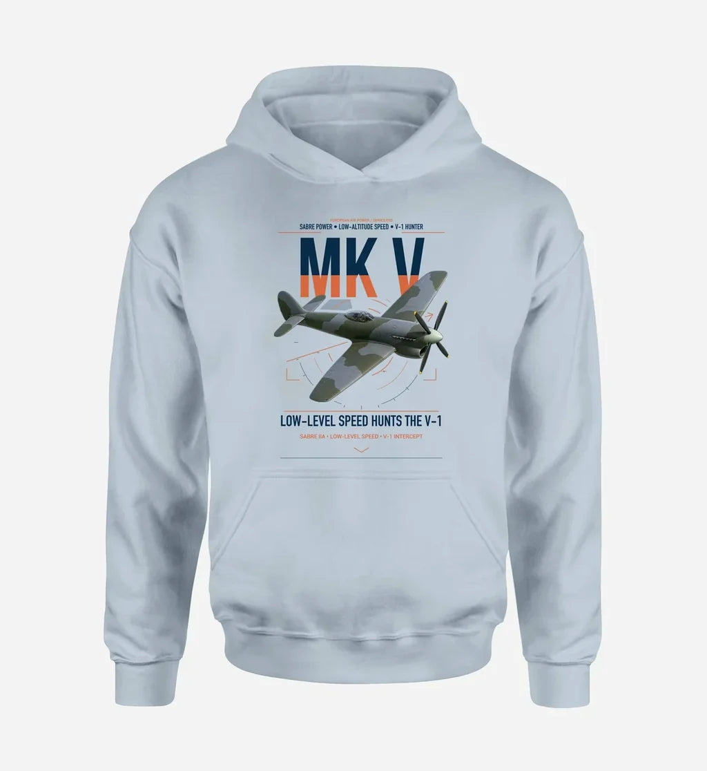 Hawker Tempest Mk V design on light blue double-side hoodie, single-side print