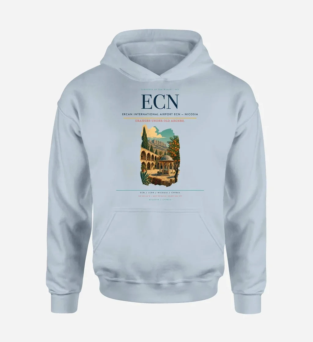 Ercan International Airport (ECN) design on light blue hoodie single-side print