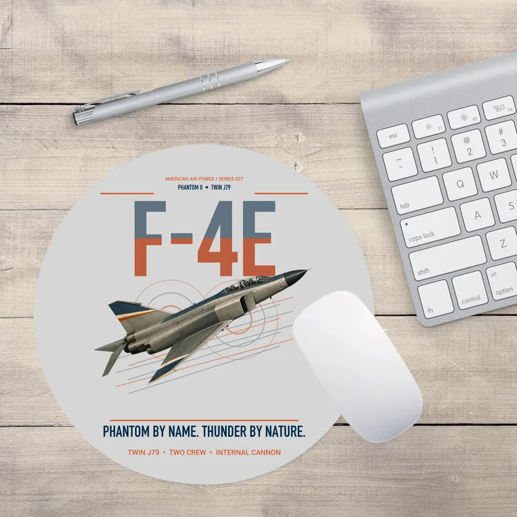 F-4E Phantom II design on light gray round mouse pad