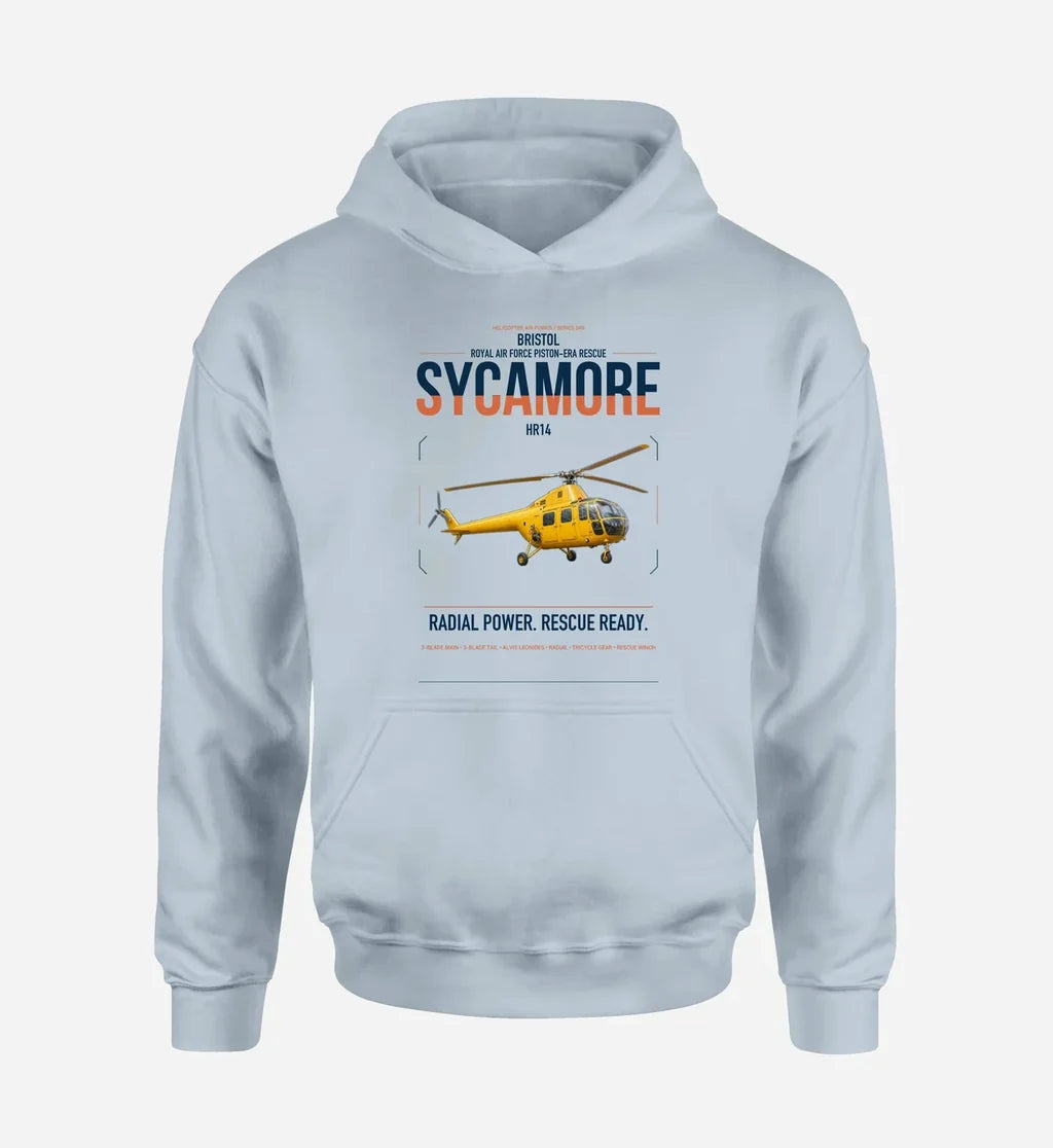 Bristol Sycamore HR14 design on light blue double-side hoodie, single-side print