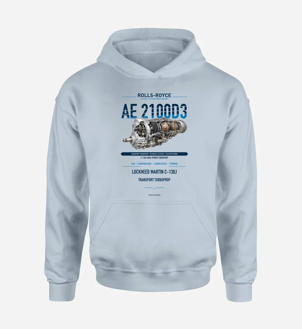 AE 2100D3 design on light blue hoodie single side