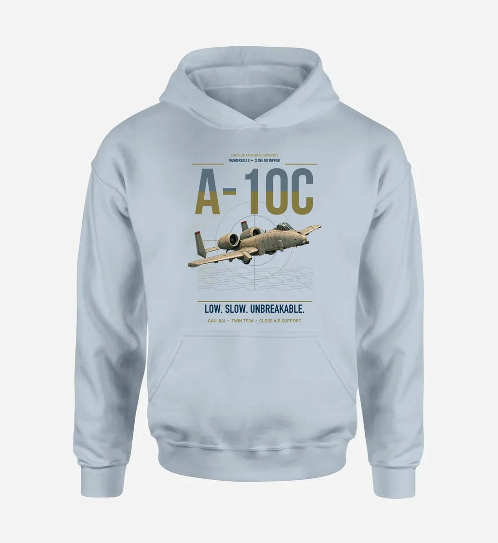 A-10C Thunderbolt II design on light blue double-side hoodie, single-side print