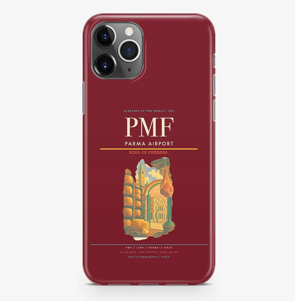 Parma Airport (PMF) design on dark red iPhone 16 Pro MagSafe case