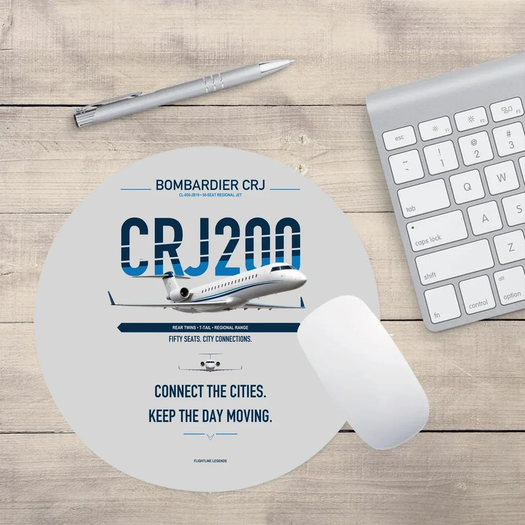 Bombardier CRJ200 design on light gray round mouse pad