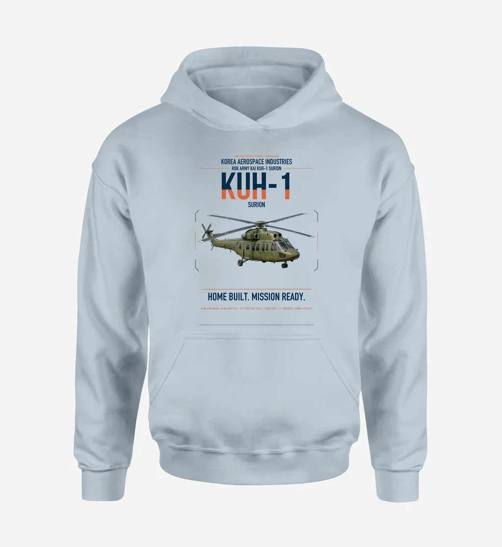 Korea Aerospace Industries KUH-1 Surion design on light blue double-side hoodie, single-side print