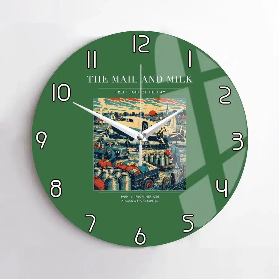 VINTAGE G4098 - The Mail And Milk - Designed Wall Clocks design on green no-frame