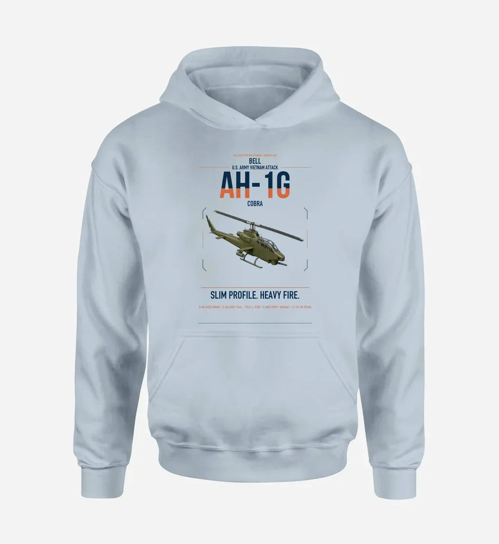 Bell AH-1G Cobra design on light blue double-side hoodie, single-side print