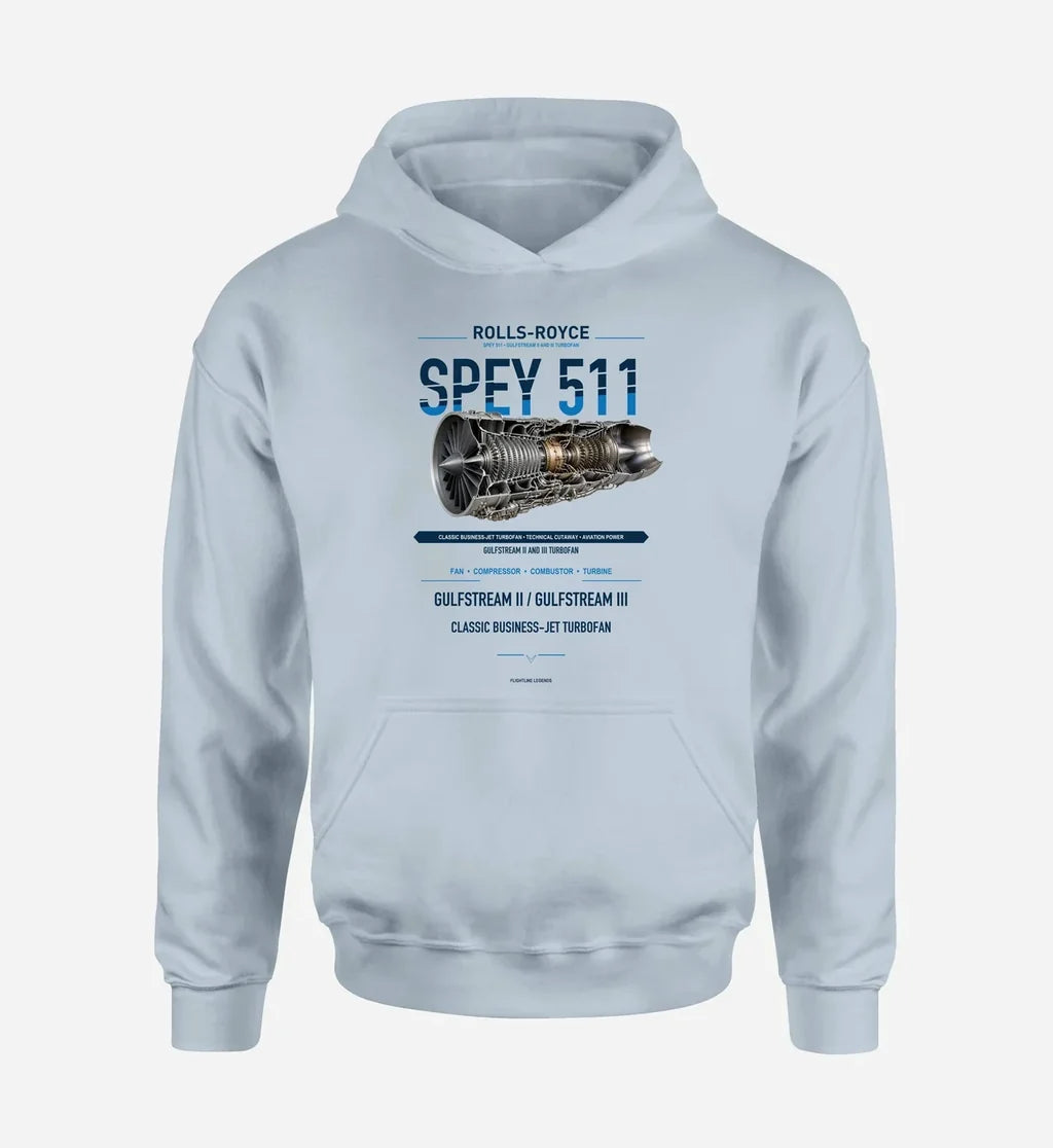 SPEY 511 design on light blue hoodie single side