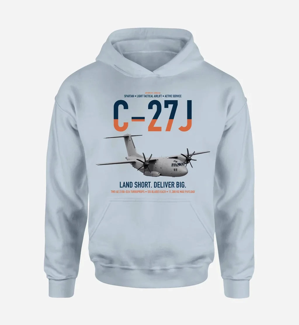 C-27J Spartan design on light blue double-side hoodie, single-side print