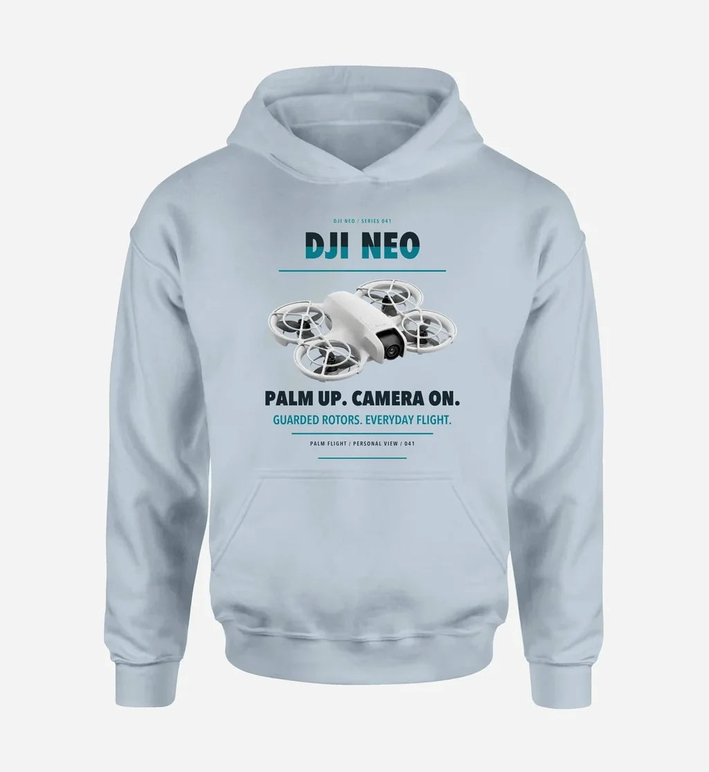DJI Neo design on light blue hoodie single side