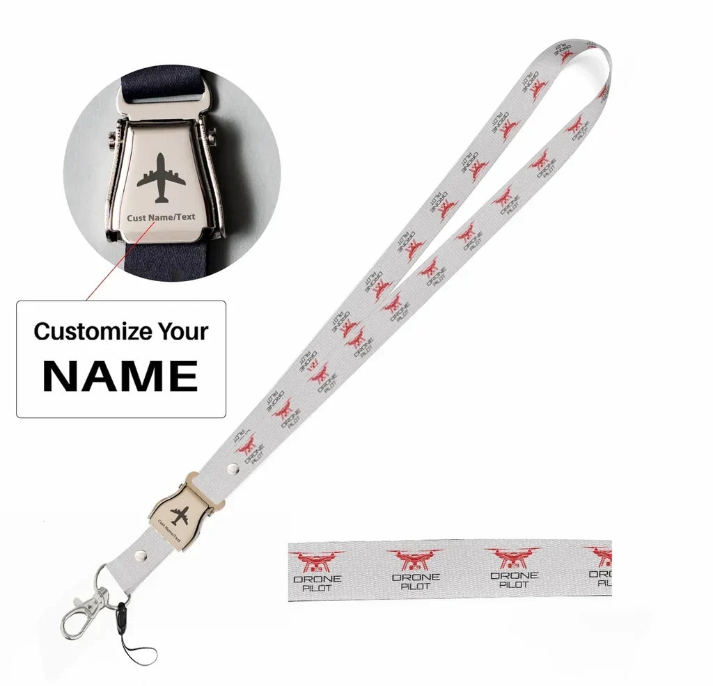 Drone Pilot seat belt lanyard - white with name