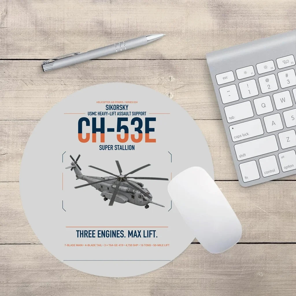 Sikorsky CH-53E Super Stallion design on light gray round mouse pad