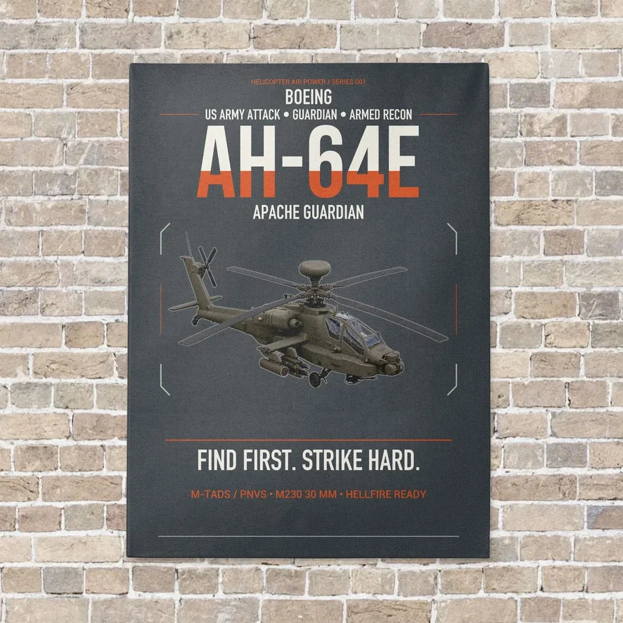 Boeing AH-64E Apache Guardian vertical canvas print - no frame - gray background