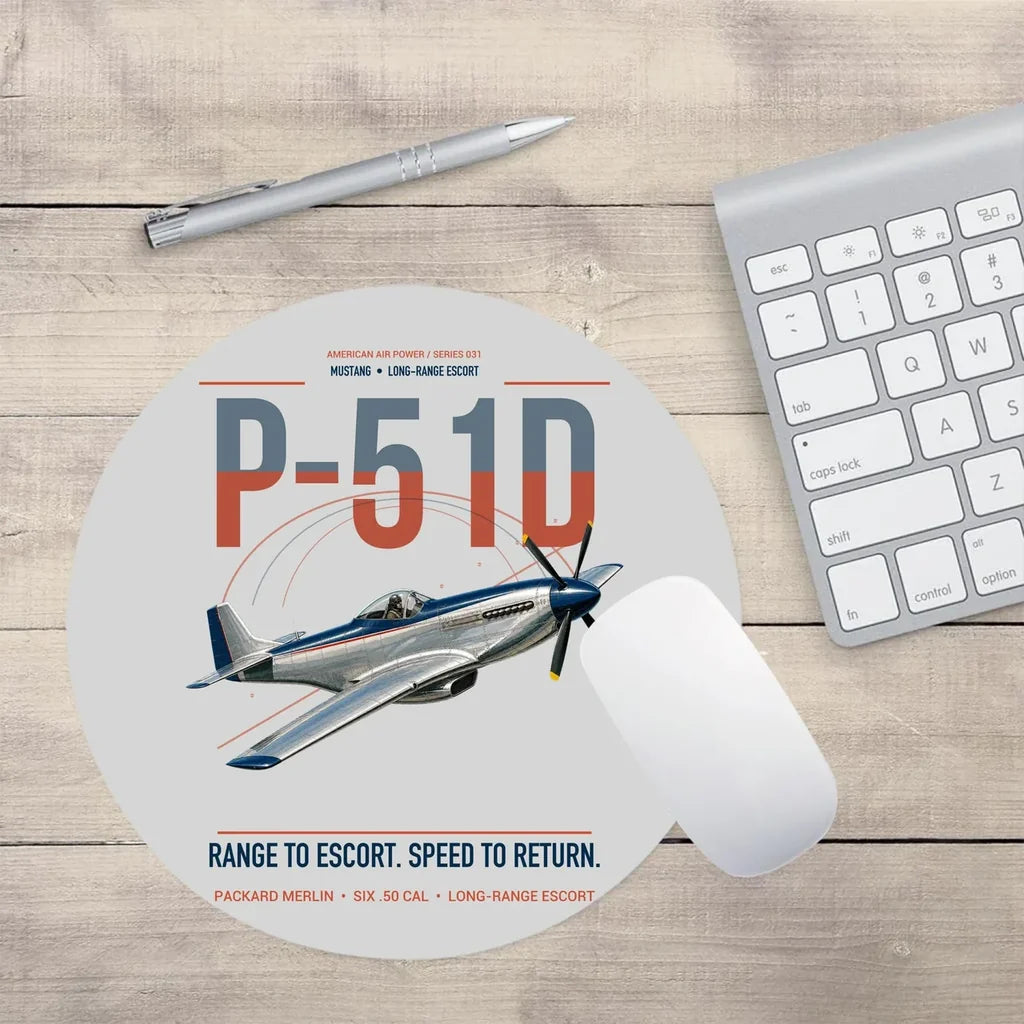 P-51D Mustang design on light gray round mouse pad