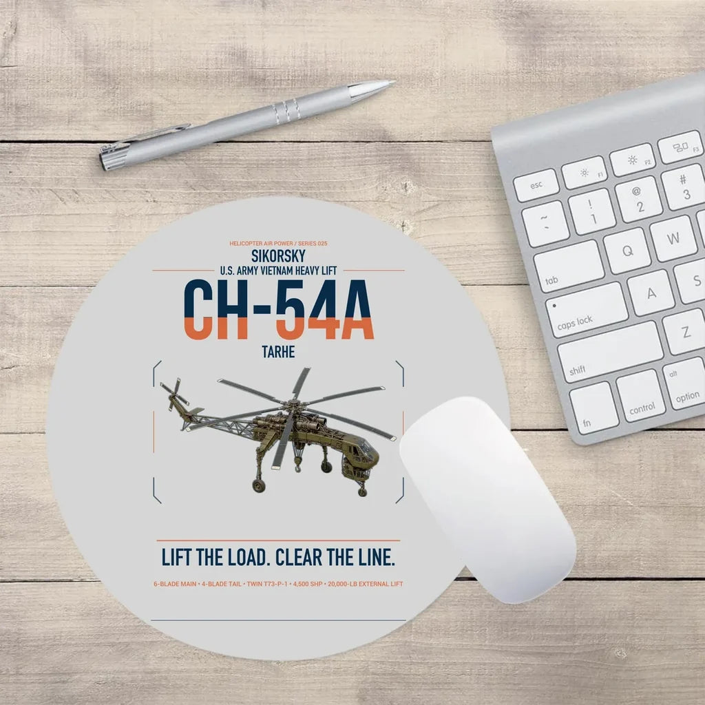 Sikorsky CH-54A Tarhe design on light gray round mouse pad