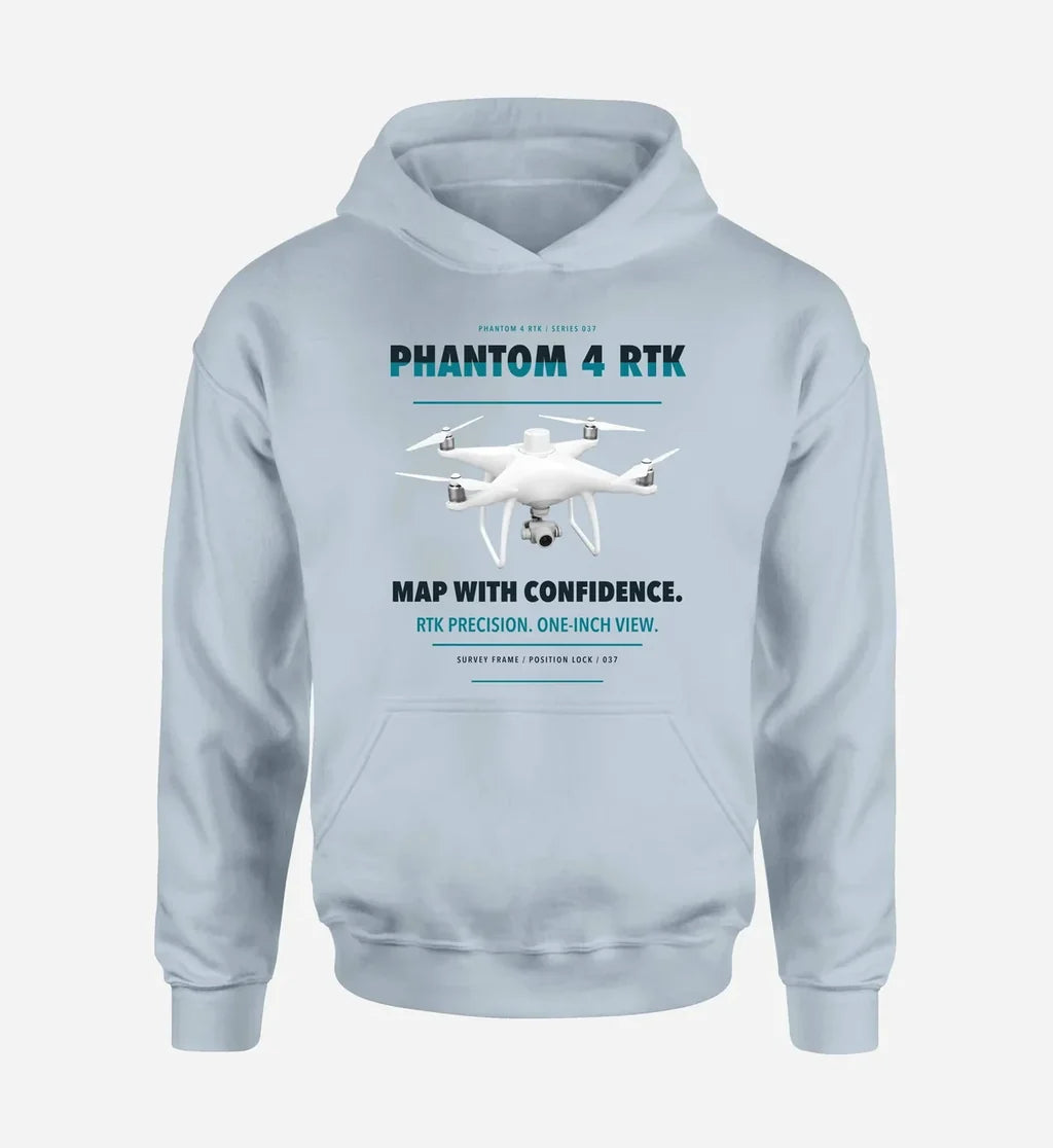 DJI Phantom 4 RTK design on light blue hoodie single side