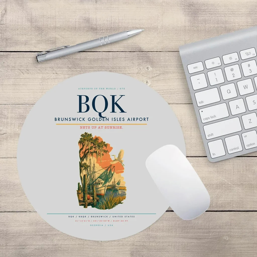 Brunswick Golden Isles Airport (BQK) design on light gray round mouse pad