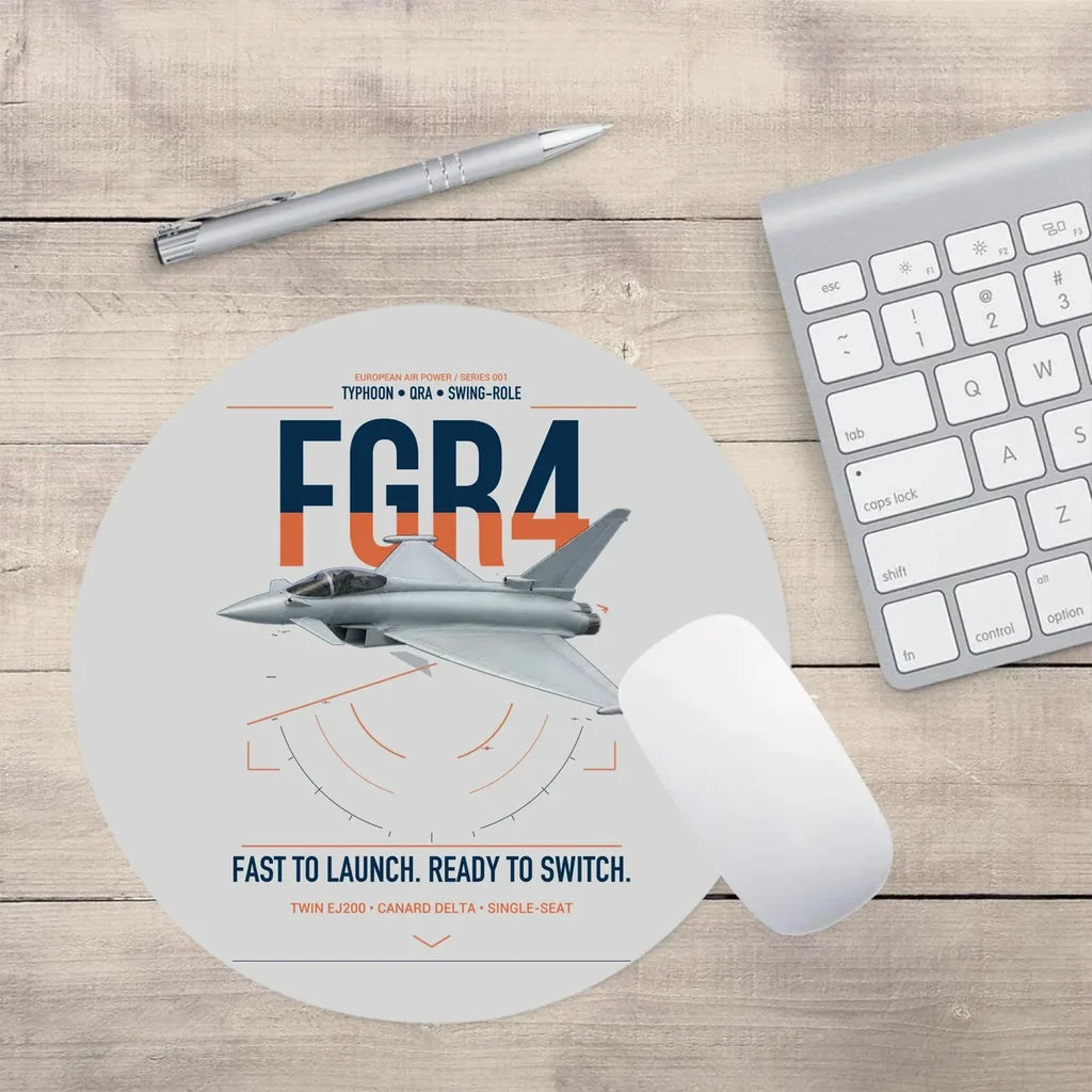 Eurofighter Typhoon FGR4 design on light gray round mouse pad