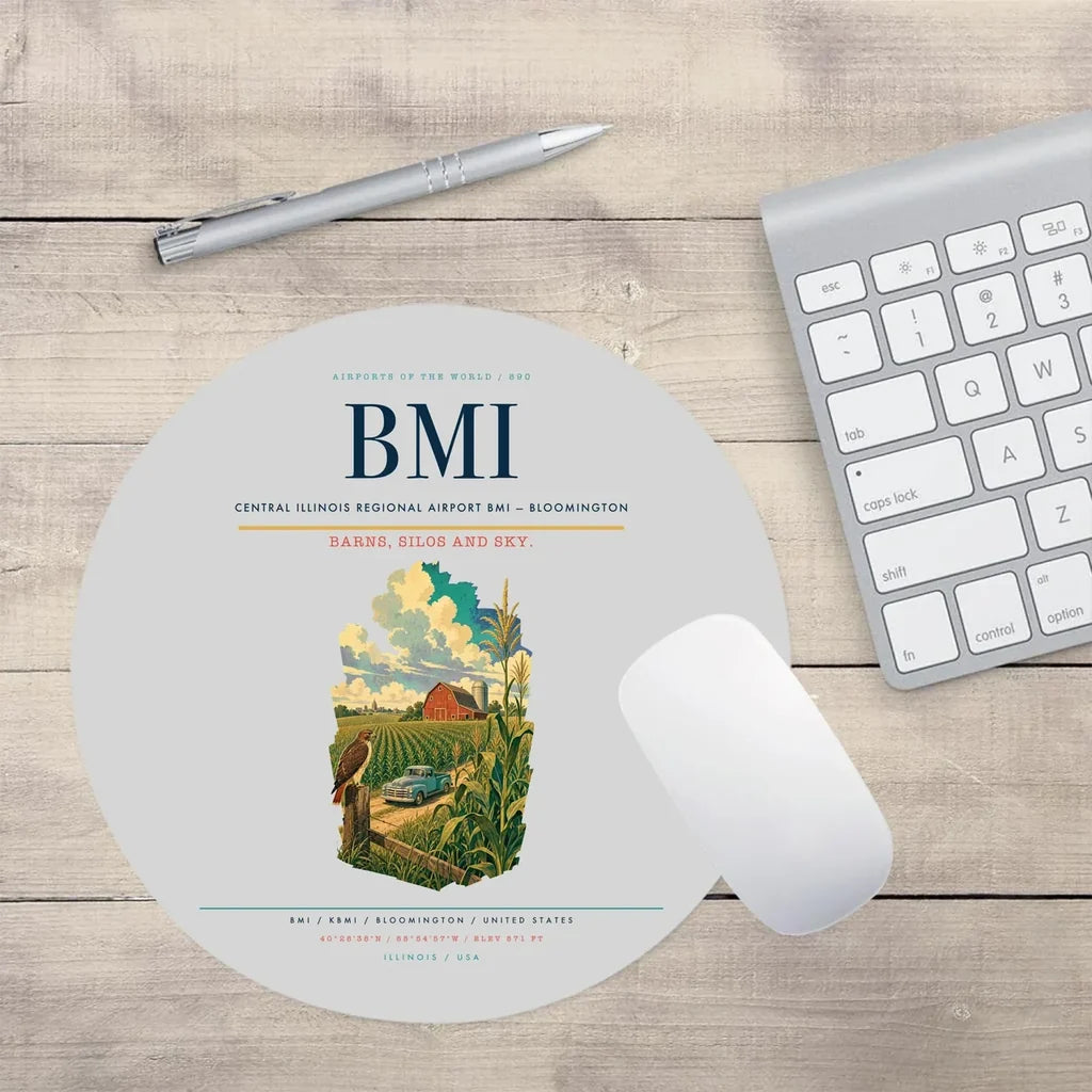 Central Illinois Regional Airport (BMI) design on light gray round mouse pad
