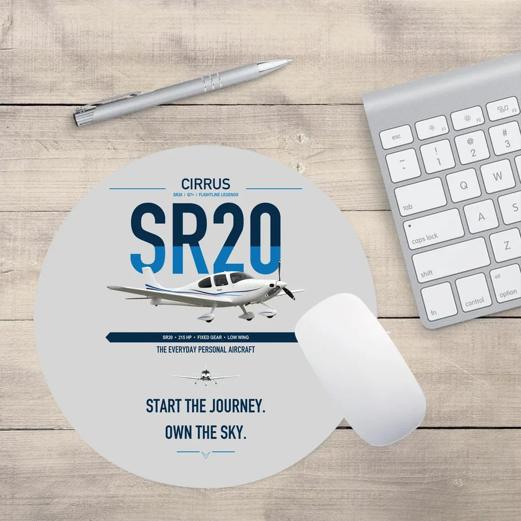 Cirrus SR20 design on light gray round mouse pad