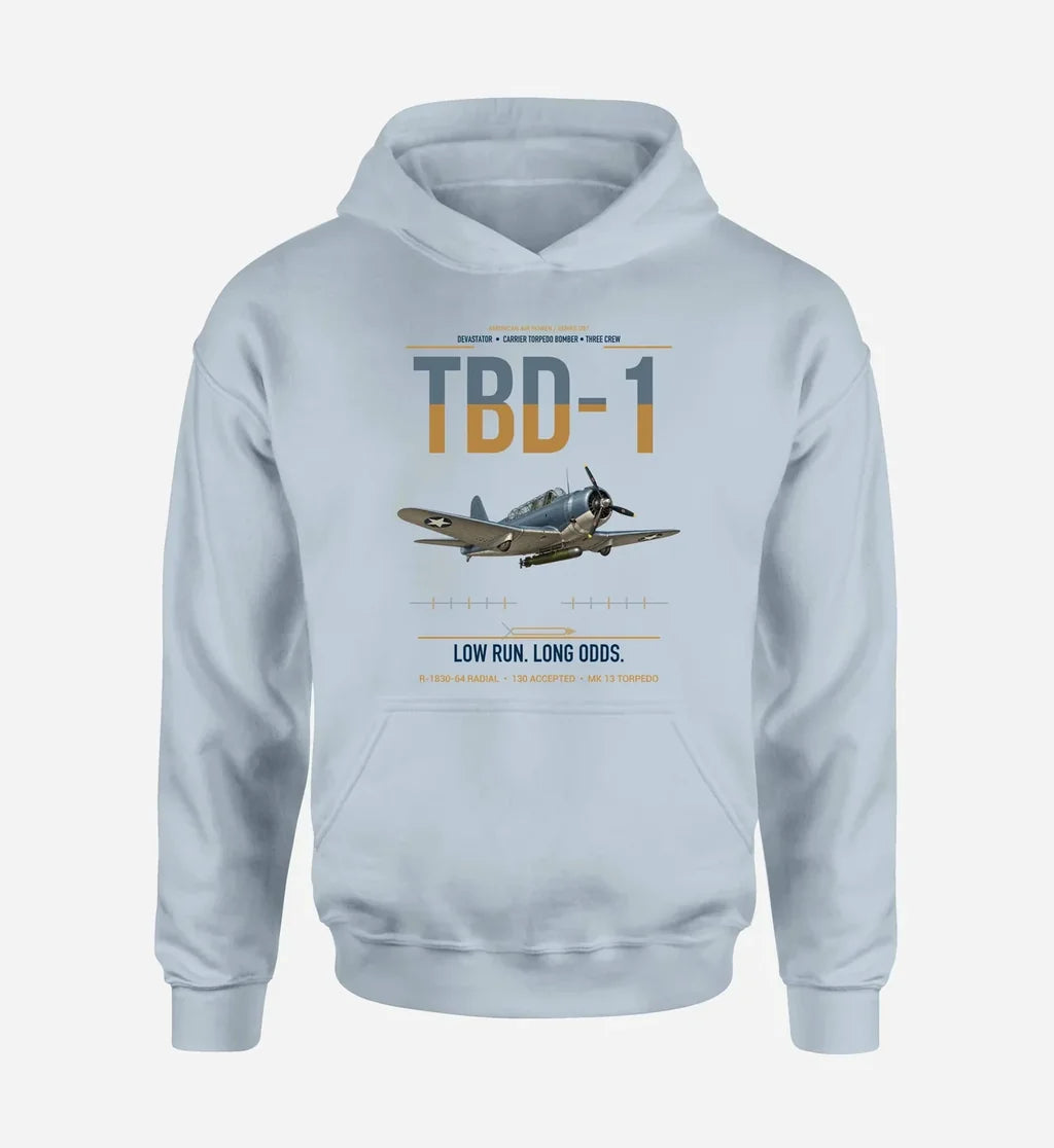 TBD-1 Devastator design on light blue double-side hoodie, single-side print