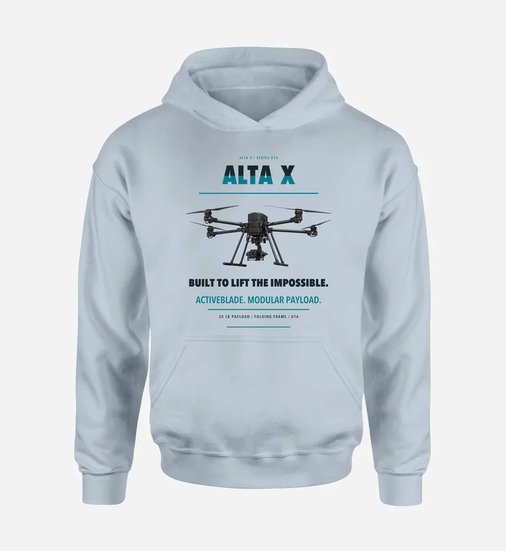 Freefly Alta X design on light blue hoodie single side