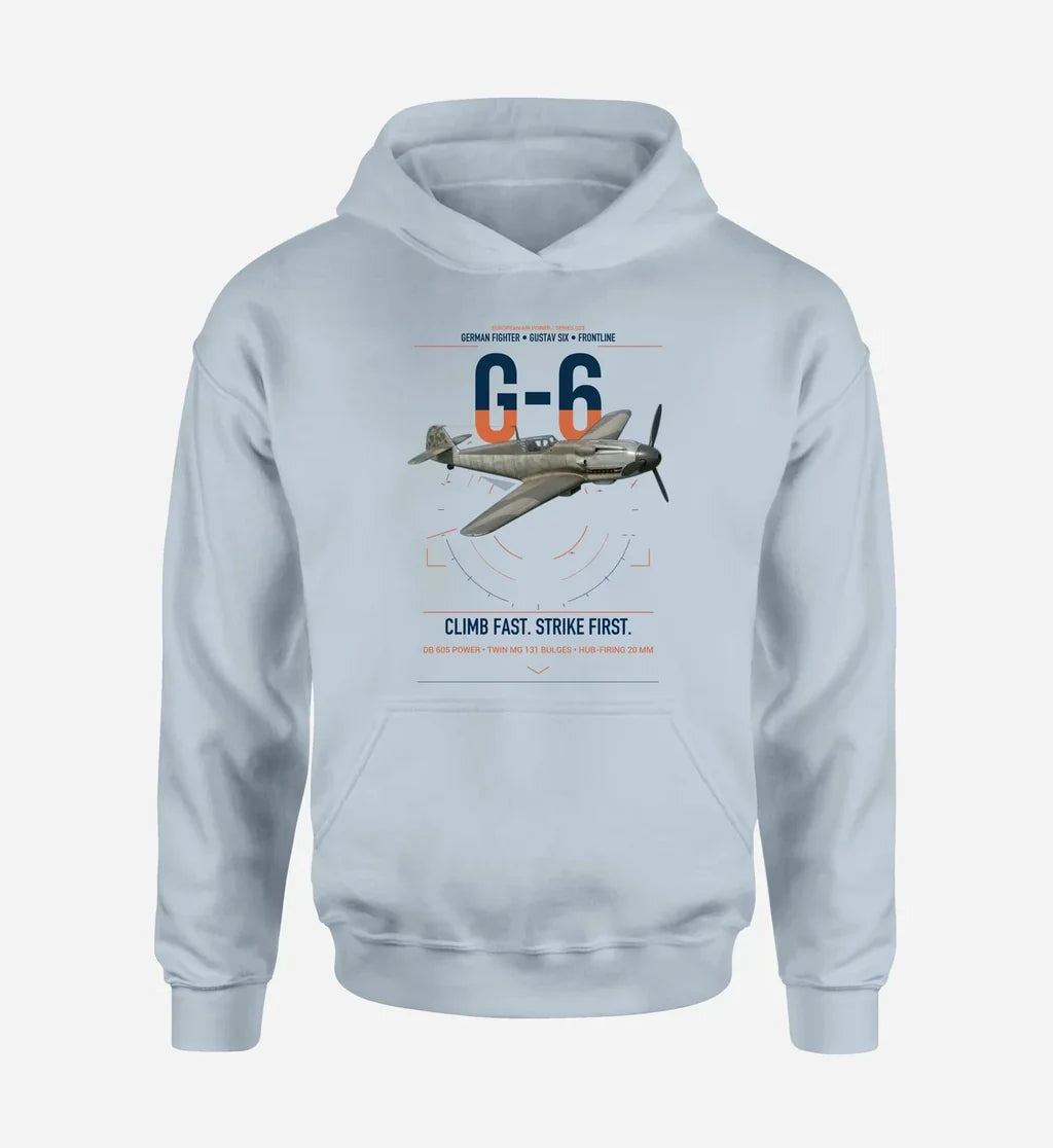 Messerschmitt Bf 109G-6 design on light blue double-side hoodie, single-side print