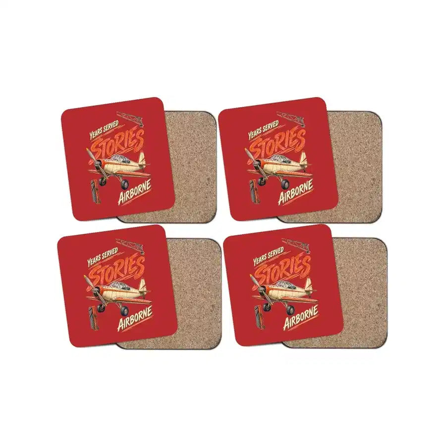 Years Served Stories Airborne design on red 4 pieces set coaster