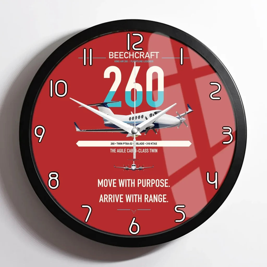 Beechcraft King Air 260 design on red framed wall clock