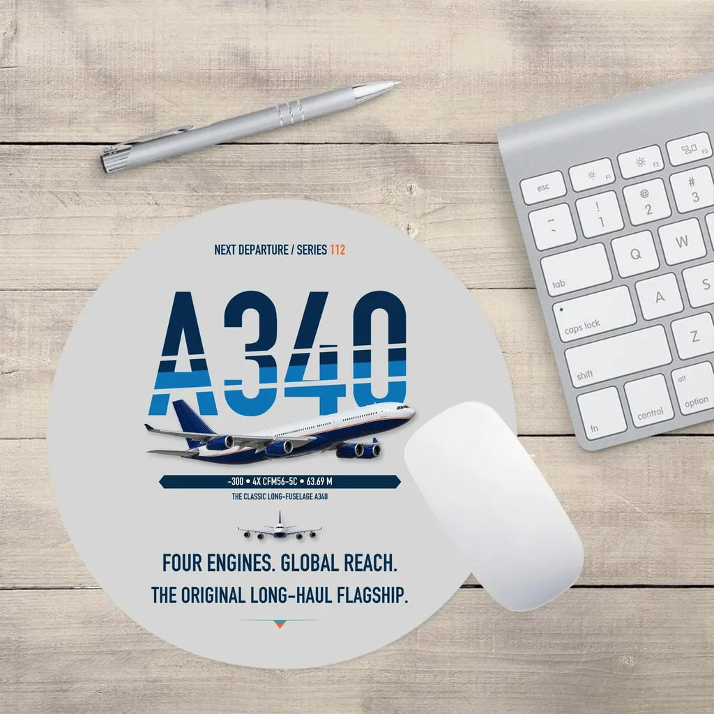Airbus A340-300 design on light gray round mouse pad
