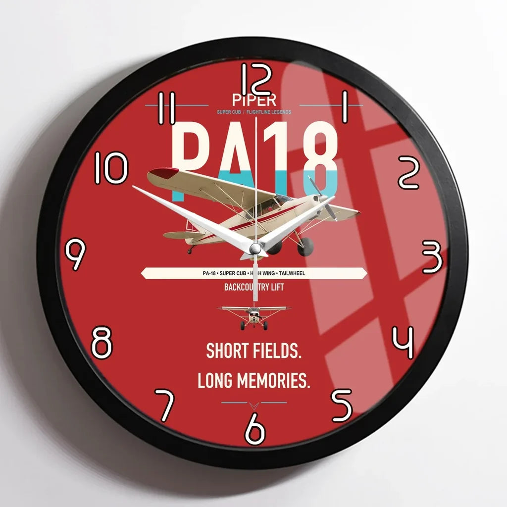 Piper PA-18 Super Cub design on red framed wall clock