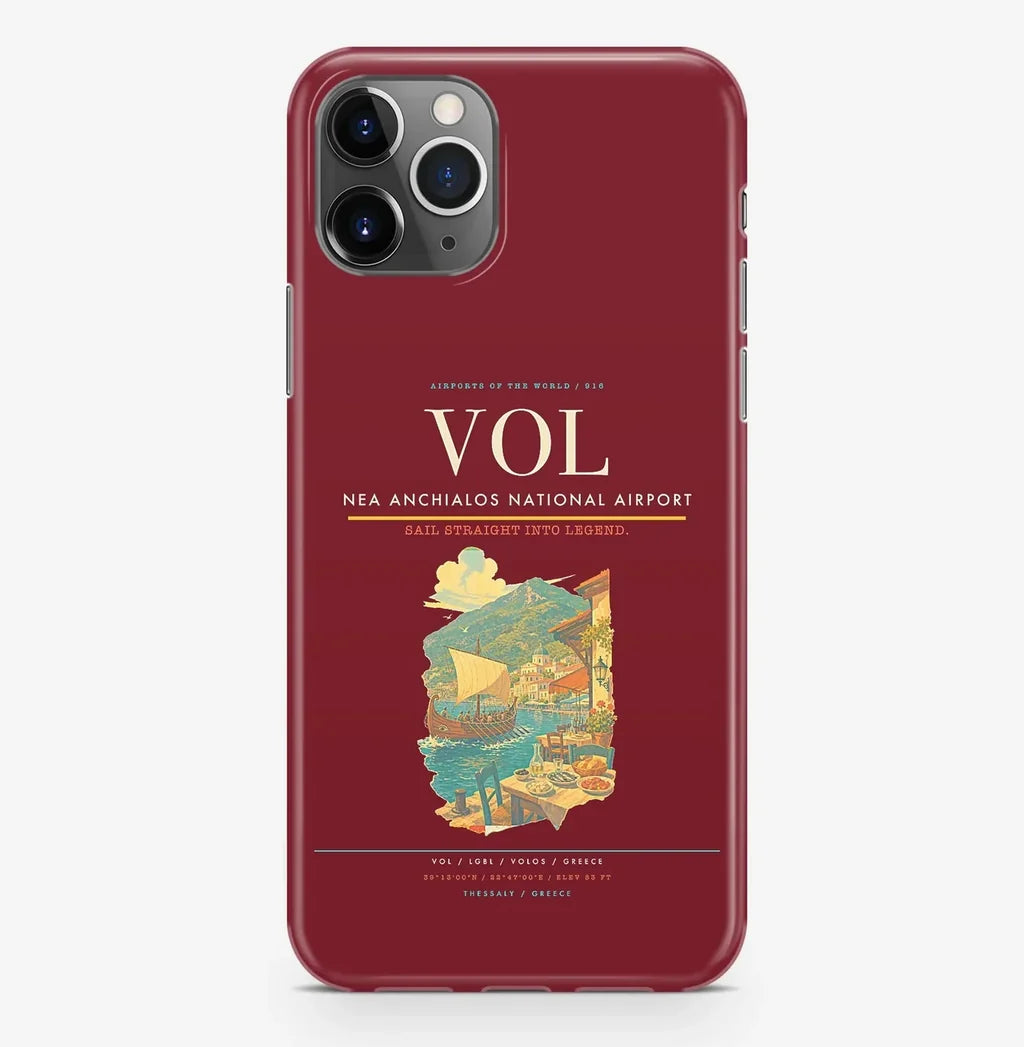 Volos Airport (VOL) design on dark red iPhone 16 Pro MagSafe case