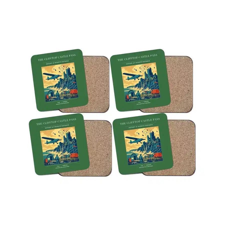 The Clifftop Castle Pass - Designed Coasters design on green 4-pieces-set