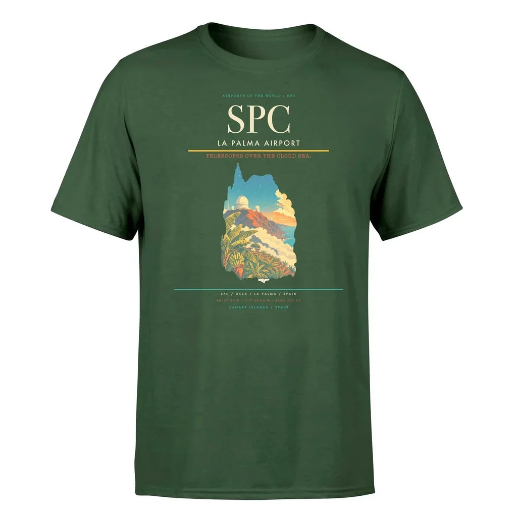 La Palma Airport (SPC) T-Shirt single-side front print in Dark Green | la-palma-airport-spc-double-side-t-shirt