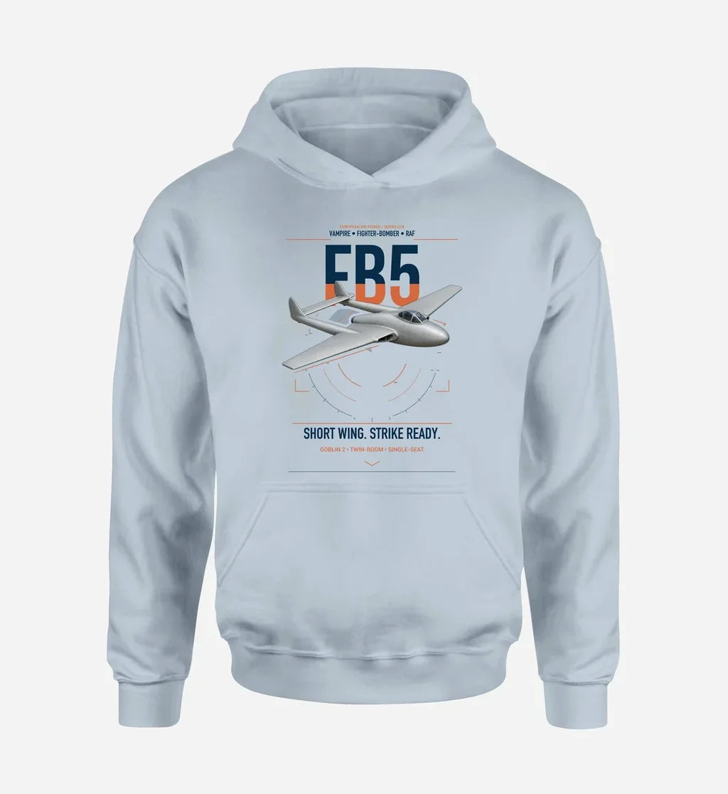 de Havilland Vampire FB5 design on light blue double-side hoodie, single-side print