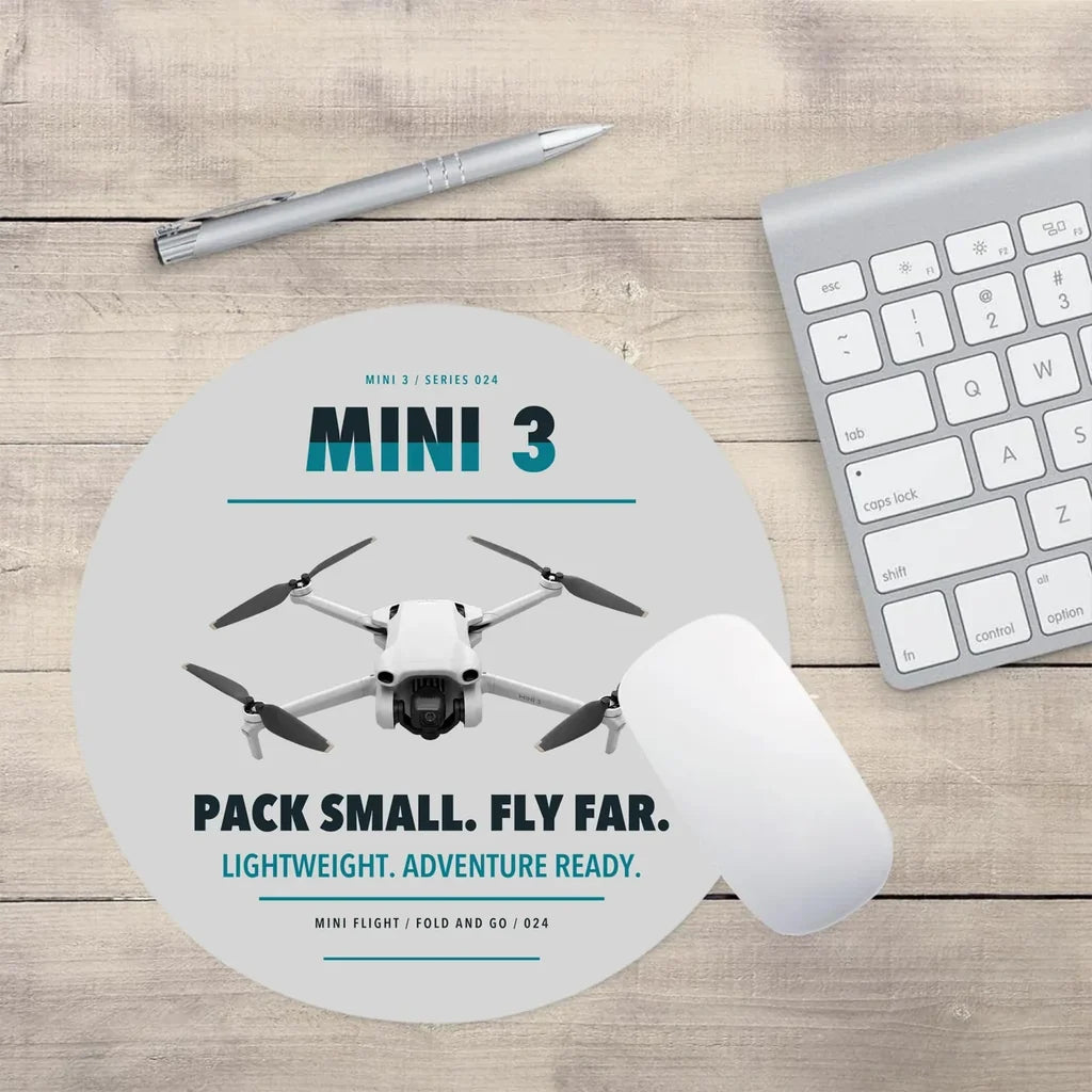 DJI Mini 3 design on light gray round mouse pad