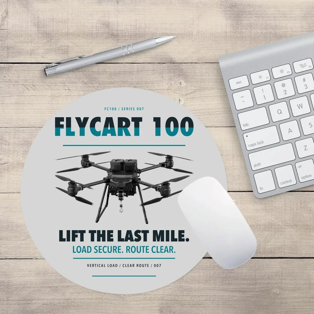 DJI FlyCart 100 design on light gray round mouse pad