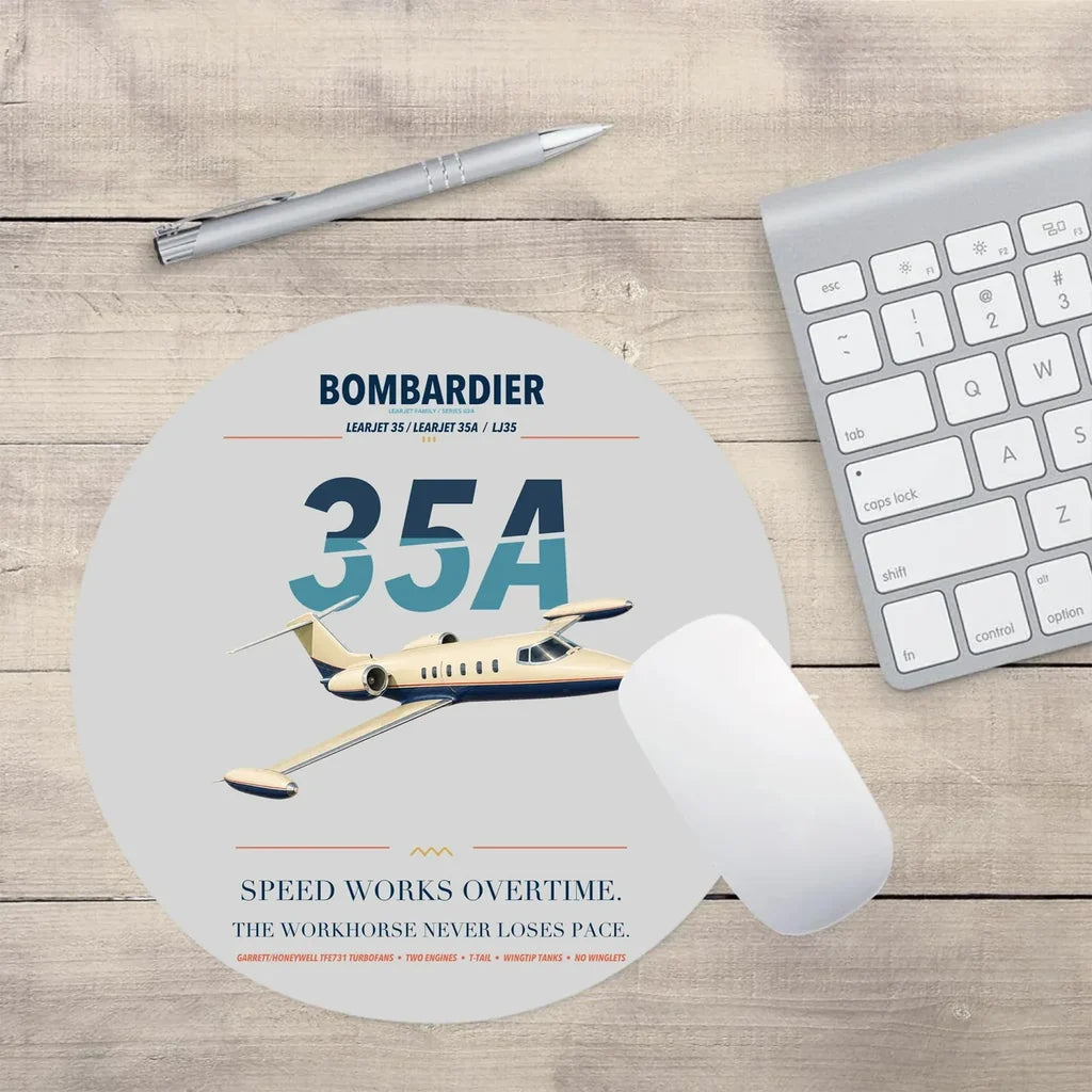 Bombardier Learjet 35A design on light gray round mouse pad
