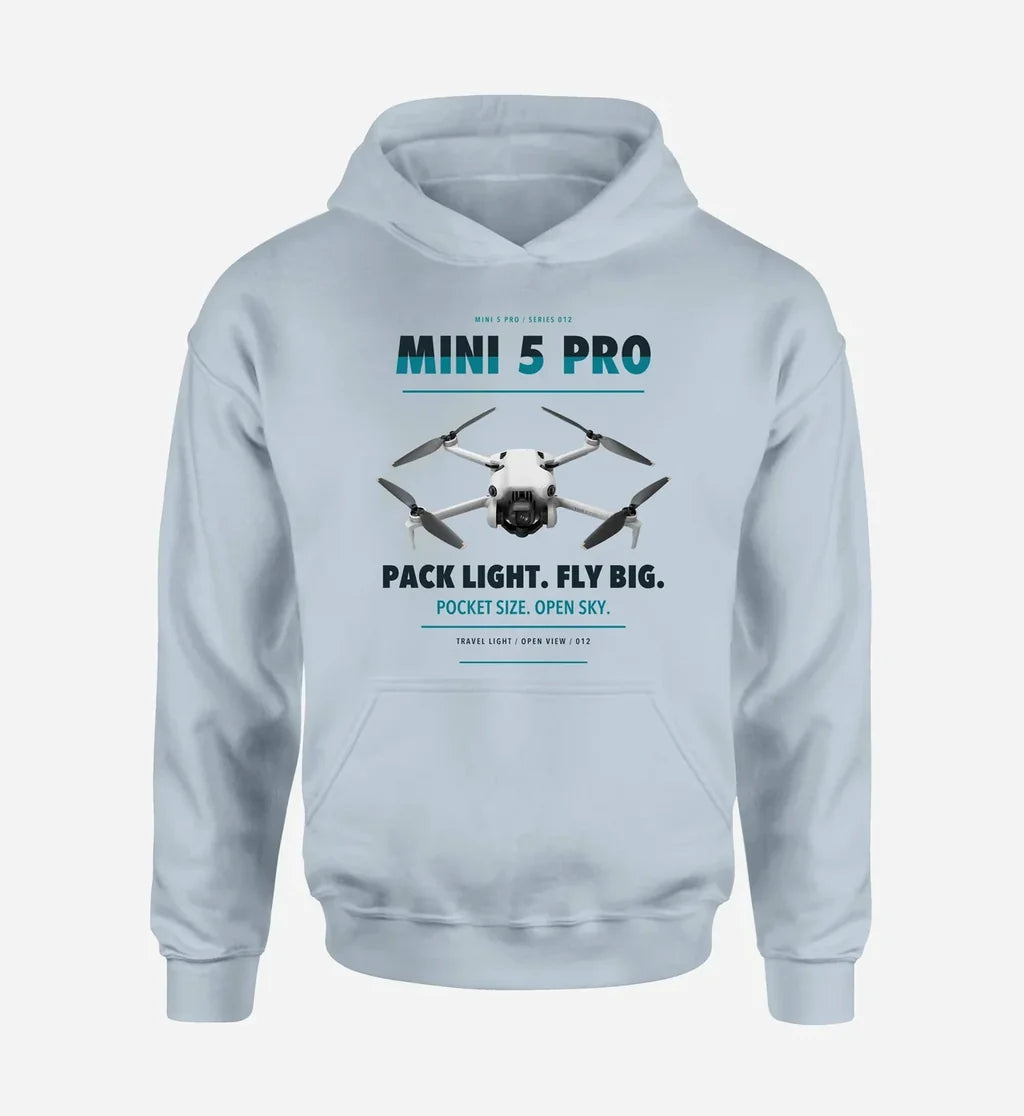 DJI Mini 5 Pro design on light blue hoodie single side