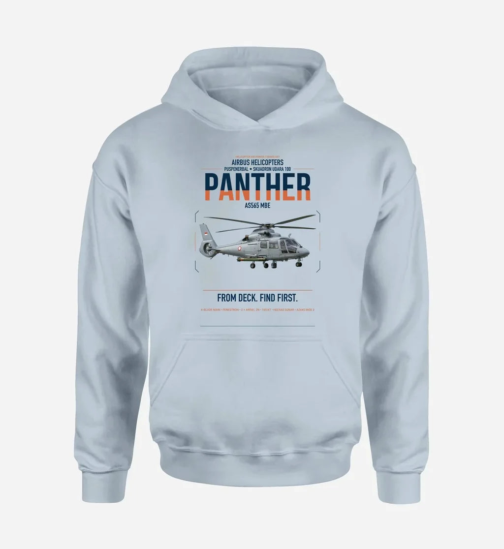 Airbus Helicopters AS565 MBe Panther design on light blue double-side hoodie, single-side print